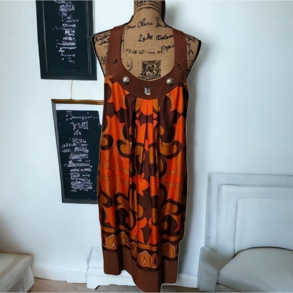 Nicole Miller Brown and Orange Midi Dress